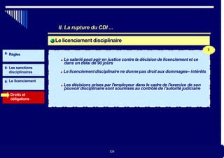 II. La rupture du CDI ...
Le licenciement disciplinaire
■ Le salarié peut agir en justice contre la décision de licenciement et ce
dans un délai de 90 jours
Règles
■ Le licenciement disciplinaire ne donne pas droit aux dommages– intérêts
Le licenciement
Droits et
obligations
Les sanctions
disciplinaires
■ Les décisions prises par l'employeur dans le cadre de l'exercice de son
pouvoir disciplinaire sont soumises au contrôle de l'autorité judiciaire
324
33
324
 