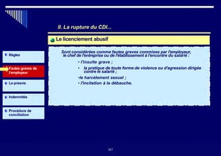 II. La rupture du CDI...
Le licenciement abusif
Règles
Fautes graves de
l’employeur
Le préavis
Sont considérées comme fautes graves commises par l'employeur,
le chef de l'entreprise ou de l'établissement à l'encontre du salarié :
• l'insulte grave ;
• la pratique de toute forme de violence ou d'agression dirigée
contre le salarié ;
•le harcèlement sexuel ;
• l'incitation à la débauche.
Indemnités
Procédure de
conciliation
327327
 