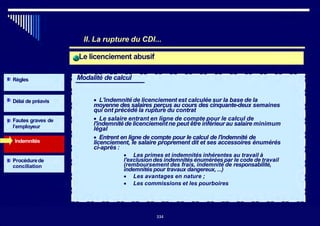 II. La rupture du CDI...
Le licenciement abusif
Règles Modalité de calcul
Délai de préavis
Fautes graves de
l’employeur
Indemnités
Procédurede
conciliation
• L'indemnité de licenciement est calculée sur la base de la
moyenne des salaires perçus au cours des cinquante-deux semaines
qui ont précédé la rupture du contrat
• Le salaire entrant en ligne de compte pour le calcul de
l'indemnité de licenciementne peut être inférieur au salaire minimum
légal
• Entrent en ligne de compte pour le calcul de l'indemnité de
licenciement, le salaire proprement dit et ses accessoires énumérés
ci-après :
• Les primes et indemnités inhérentes au travail à
l'exclusion des indemnités énumérées par le code de travail
(remboursement des frais, indemnité de responsabilité,
indemnités pour travaux dangereux, ...)
• Les avantages en nature ;
• Les commissions et les pourboires
334334
 