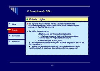 II. La rupture du CDI ...
Règle
Préavis
Indemnités
Procédure
■ La rupture du contrat de travail à durée indéterminée
estsubordonnée, en l'absence de faute grave de l’employeur,
aurespect du délai de préavis
• Le délai de préavis est :
• Réglementé par les textes législatifs ;
• Fixé par le contrat de travail, les conventions
collectives ou le règlement intérieur ;
• Au moins égal à huit jours
• Le salarié est dispensé du respect du délai de préavis en cas de
force majeure
• Le délai de préavis commence à courir le lendemain de la
notification de la décision de mettre un terme au contrat
Préavis : règles
341
 