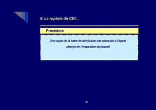 Indemnités
II. La rupture du CDI...
Procédure
Une copie de la lettre de démission est adressée à l'agent
chargé de l'inspection du travail
344
 