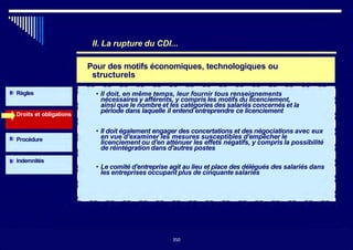 Règles
II. La rupture du CDI...
~ Pour des motifs économiques, technologiques ou
structurels
• Il doit, en même temps, leur fournir tous renseignements
nécessaires y afférents, y compris les motifs du licenciement,
ainsi que le nombre et les catégories des salariés concernés et la
période dans laquelle il entend entreprendre ce licenciementDroits et obligations
• Il doit également engager des concertations et des négociations avec eux
en vue d'examiner les mesures susceptibles d'empêcher le
licenciement ou d'en atténuer les effets négatifs, y compris la possibilité
de réintégration dans d'autres postes
Procédure
Indemnités
• Le comité d'entreprise agit au lieu et place des délégués des salariés dans
les entreprises occupant plus de cinquante salariés
350
 