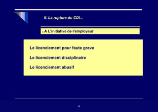 II. La rupture du CDI...
a A L’initiative de l’employeur
Le licenciement pour faute grave
Le licenciement disciplinaire
Le licenciement abusif
39
39
 