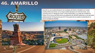 Amarillo es una ciudad ubicada en los condados de Potter y Randall en el estado
estadounidense de Texas; es la mayor ciudad ubicada en el norte de Texas, zona
conocida como el "Mango de Texas" (Texas Panhandle). Es la sede del condado de
Potter.2​ En el censo de 2010 tenía una población de 190 695 habitantes y una densidad
poblacional de 727,8 personas por km².3​ Una parte de la ciudad se extiende por el
vecino condado de Randall.
 