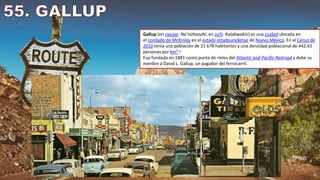 Gallup (en navajo: Naʼnízhoozhí, en zuñi: Kalabwakin) es una ciudad ubicada en
el condado de McKinley en el estado estadounidense de Nuevo México. En el Censo de
2010 tenía una población de 21 678 habitantes y una densidad poblacional de 442,43
personas por km².2
Fue fundada en 1881 como punta de rieles del Atlantic and Pacific Railroad y debe su
nombre a David L. Gallup, un pagador del ferrocarril.
 