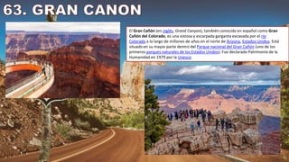 El Gran Cañón (en inglés, Grand Canyon), también conocido en español como Gran
Cañón del Colorado, es una vistosa y escarpada garganta excavada por el río
Colorado a lo largo de millones de años en el norte de Arizona, Estados Unidos. Está
situado en su mayor parte dentro del Parque nacional del Gran Cañón (uno de los
primeros parques naturales de los Estados Unidos). Fue declarado Patrimonio de la
Humanidad en 1979 por la Unesco.
 