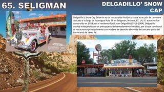 Delgadillo's Snow Cap Drive-In es un restaurante histórico y una atracción de carretera
ubicado a lo largo de la antigua Ruta 66 en Seligman, Arizona, EE. UU. El autocine fue
construido en 1953 por el residente local Juan Delgadillo (1916-2004). Delgadillo
estaba trabajando con un presupuesto extremadamente limitado, por lo que construyó
el restaurante principalmente con madera de desecho obtenida del cercano patio del
Ferrocarril de Santa Fe.
 