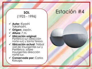 Estación #4SOL
(1925 - 1996)
 Autor: Kiyoshi
Takahashi.
 Origen: Japón.
 Altura: 7 m.
 Ubicación original:
Periférico sur (dirección
norte-sur) y Santa Teresa.
 Ubicación actual: Trébol
vial de Insurgentes sur y
Periférico, sobre
Insurgentes dirección
norte-sur.
 Conservada por: Carlos
Kasuga.
 