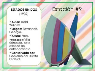ESTADOS UNIDOS
(1939)
Autor: Todd
Williams
Origen: Savannah,
Georgia.
Altura: 7mts.
Ubicación: Villa
Olímpica, pista
atlética de
entrenamiento
Conservada por:
Gobierno del Distrito
Federal.
Estación #9
 