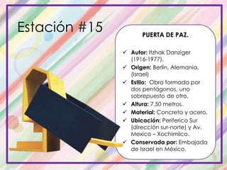 PUERTA DE PAZ.
 Autor: Itzhak Danziger
(1916-1977).
 Origen: Berlín, Alemania.
(Israel)
 Estilo: Obra formada por
dos pentágonos, uno
sobrepuesto de otro.
 Altura: 7.50 metros.
 Material: Concreto y acero.
 Ubicación: Periferico Sur
(dirección sur-norte) y Av.
Mexico – Xochimilco.
 Conservada por: Embajada
de Israel en México.
Estación #15
 