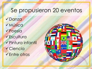 Se propusieron 20 eventos
Danza
Música
Poesía
Escultura
Pintura infantil
Ciencia
Entre otros
 
