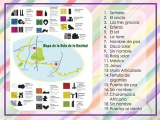 1. Señales
2. El ancla
3. Las tres gracias
4. Esferas
5. El sol
6. La torre
7. Hombre de paz
8. Disco solar
9. Sin nombre
10.Reloj solar
11.México
12.Janus
13.Muro Articulado
14.Tertulia de
gigantes
15.Puerta de paz
16.Sin nombre
17.Charamusca
Africana
18.Sin nombre
19.Puertas al viento
 