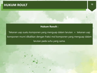 12
HUKUM ROULT
Hukum Raoult :
Tekanan uap suatu komponen yang menguap dalam larutan = tekanan uap
komponen murni dikalikan dengan fraksi mol komponen yang menguap dalam
larutan pada suhu yang sama.
 