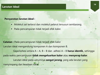 Larutan Ideal
14
Persyaratan larutan ideal :
 Molekul zat terlarut dan molekul pelarut tersusun sembarang.
 Pada pencampuran tidak terjadi efek kalor.
Catatan : Pada pencampuran tidak terjadi efek kalor
Larutan ideal mengandung komponen A dan komponen B.
Gaya kohesi antara A – A, B – B dan adhesi A – B harus identik, sehingga
pada waktu pencampuran tidak mengeluarkan kalor atau menyerap kalor.
Larutan ideal pada umumnya sangat jarang, yang ada larutan yang
menyimpang dari keadaan ideal.
 