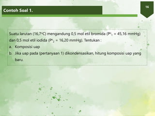 Contoh Soal 1.
16
Suatu larutan (16,7oC) mengandung 0,5 mol etil bromida (Po
1 = 45,16 mmHg)
dan 0,5 mol etil iodida (Po
2 = 16,20 mmHg). Tentukan :
a. Komposisi uap
b. Jika uap pada (pertanyaan 1) dikondensasikan, hitung komposisi uap yang
baru.
 