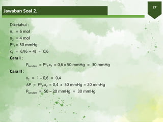 Jawaban Soal 2.
27
Diketahui :
n1 = 6 mol
n2 = 4 mol
Po
1 = 50 mmHg
x1 = 6/(6 + 4) = 0,6
Cara I :
Plarutan = Po
1.x1 = 0,6 x 50 mmHg = 30 mmHg
Cara II :
x2 = 1 – 0,6 = 0,4
P = Po
1.x2 = 0,4 x 50 mmHg = 20 mmHg
Plarutan = 50 – 20 mmHg = 30 mmHg
 