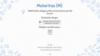 19
Molaritas (M)
“Didefinisikan sebagai jumlah mol zat terlarut per liter
larutan”
M =
𝐽𝑢𝑚𝑙𝑎ℎ 𝑚𝑜𝑙 𝑧𝑎𝑡 𝑡𝑒𝑟𝑙𝑎𝑟𝑢𝑡
𝐽𝑢𝑚𝑙𝑎ℎ 𝑙𝑖𝑡𝑒𝑟 𝑙𝑎𝑟𝑢𝑡𝑎𝑛
Dinotasikan dengan :
Molalitas memiliki satuan :
𝑚𝑜𝑙
𝐿
Khaerunnisa (2008) dalam Kimia Fisika 2
Sunarya (2012) dalam Kimia Dasar 2
Sumber :
 