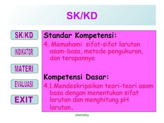 SK/KD Standar Kompetensi: 4. Memahami  sifat-sifat larutan asam-basa, metode pengukuran, dan terapannya Kompetensi Dasar: 4.1 . Mendeskripsikan teori-teori asam basa dengan menentukan sifat larutan dan menghitung pH larutan .   chemistry 