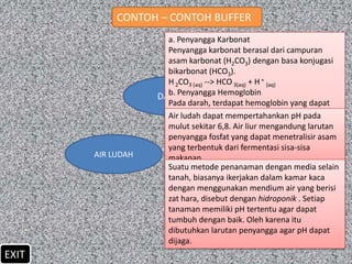 CONTOH – CONTOH BUFFER
                     a. Penyangga Karbonat
                     Penyangga karbonat berasal dari campuran
                     asam karbonat (H2CO3) dengan basa konjugasi
                     bikarbonat (HCO3).
                     H 2CO3 (aq) --> HCO 3(aq) + H + (aq)
                     b. Penyangga Hemoglobin
                   DARAH
                     Pada darah, terdapat hemoglobin yang dapat
                     mengikat dapat mempertahankan pH pada ke
                     Air ludah oksigen untuk selanjutnya dibawa
                     seluruh sel tubuh.Air liur mengandung larutan
                     mulut sekitar 6,8. Reaksi kesetimbangan dari
                     larutan penyangga oksidapat menetralisir asam
                     penyangga fosfat yang hemoglobin adalah:
                                            -     +
                     HHb + O2 (g) → HbO2 fermentasi sisa-sisa
                     yang terbentuk dari + H
       AIR LUDAH     makanan. HIDROPONIK
                     c. Penyangga Fosfat
                     Pada cairan intra sel, kehadiran penyangga
                     Suatu metode penanaman dengan media selain
                     fosfat sangat penting dalam mengatur pH darah.
                     tanah, biasanya ikerjakan dalam kamar kaca
                     Penyangga ini berasal dari campuran dihidrogen
                     dengan menggunakan mendium air yang berisi
                     zat hara, PO4- ) dengan monohidrogen fosfat
                     fosfat (H2disebut dengan hidroponik . Setiap
                     (HPO32). memiliki pH tertentu agar dapat
                     tanaman
                     tumbuh dengan baik. Oleh karena itu
                     dibutuhkan larutan penyangga agar pH dapat
                     dijaga.
EXIT
 