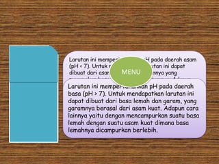 •Buffer Asam    Larutan ini mempertahankan pH pada daerah asam
                (pH < 7). Untuk mendapatkan larutan ini dapat
                dibuat dari asam lemah dan garamnya yang
                                     MENU
                merupakan basa konjugasi dari asamnya. Adapun
                      JENIS-JENIS BUFFER
                cara lainnya yaitu mencampurkan suatu asam lemah
               Larutan ini mempertahankan pH pada daerah
•Buffer Basa   basa (pH > 7). Untuk mendapatkanlemahnya ini
                dengan suatu basa kuat dimana asam larutan
               dapat dibuat dari jumlah berlebih. Campuran akan
                dicampurkan dalam basa lemah dan garam, yang
                menghasilkan garam yang mengandung basa
               garamnya berasal dari asam kuat. Adapun cara
                konjugasi dari asam lemah yang bersangkutan. Pada
               lainnya yaitu dengan mencampurkan suatu basa
                umumnya basa kuat yang digunakan seperti
               lemah dengan suatu asam kuatdan lain-lain.
                natrium, kalium, barium, kalsium, dimana basa
               lemahnya dicampurkan berlebih.
 