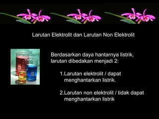 Berdasarkan daya hantarnya listrik,
larutan dibedakan menjadi 2:
1.Larutan elektrolit / dapat
menghantarkan listrik.
2.Larutan non elektrolit / tidak dapat
menghantarkan listrik
Larutan Elektrolit dan Larutan Non Elektrolit
 