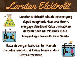 Larutan elektrolit adalah larutan yang
dapat menghantarkan arus listrik,
mengapa demikian? Coba perhatikan
ilustrasi pada hal 215 buku Kimia.
Larutan Elektrolit
Bacalah dengan baik, dan berikanlah
simpulan yang dapat kalian temukan dari
ilustrasi tersebut.
(Erlangga, Unggul Sudarmo, Kurikulum Merdeka)
 