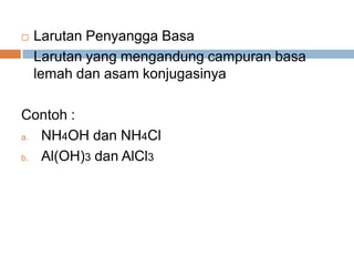  Larutan Penyangga Basa
Larutan yang mengandung campuran basa
lemah dan asam konjugasinya
Contoh :
a. NH4OH dan NH4Cl
b. Al(OH)3 dan AlCl3
 