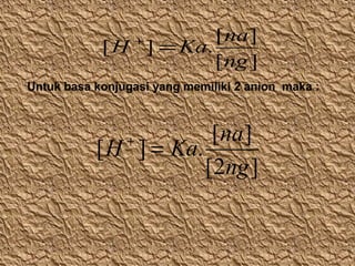 [ na ]
[ H ] = Ka.
[ ng ]
+

Untuk basa konjugasi yang memiliki 2 anion maka :

[na ]
[ H ] = Ka.
[2ng ]
+

 