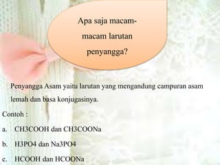 Penyangga Asam yaitu larutan yang mengandung campuran asam
lemah dan basa konjugasinya.
Contoh :
a. CH3COOH dan CH3COONa
b. H3PO4 dan Na3PO4
c. HCOOH dan HCOONa
Apa saja macam-
macam larutan
penyangga?
 