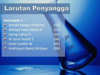 Kelompok 1 :
Adrian Bargas Pratama (01)
Ahmad Tsani Abdul A. (02)
Ajeng Cahya P. (03)
Al Zena Vashti T. (04)
Andi Candra W. (05)
Anditasari Baety Nirbaya (06)
 