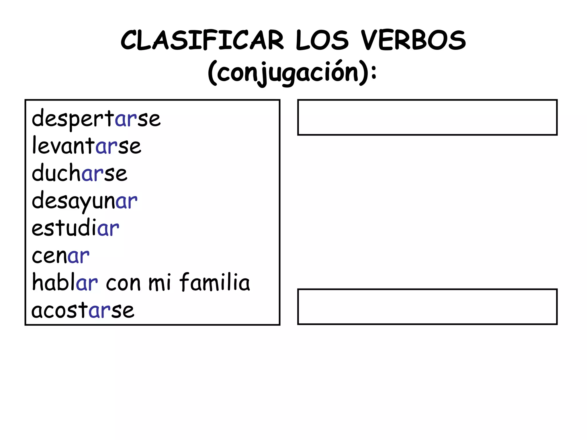 CLASIFICAR LOS VERBOS
(conjugación):
despertarse
levantarse
ducharse
desayunar
estudiar
cenar
hablar con mi familia
acostarse
 