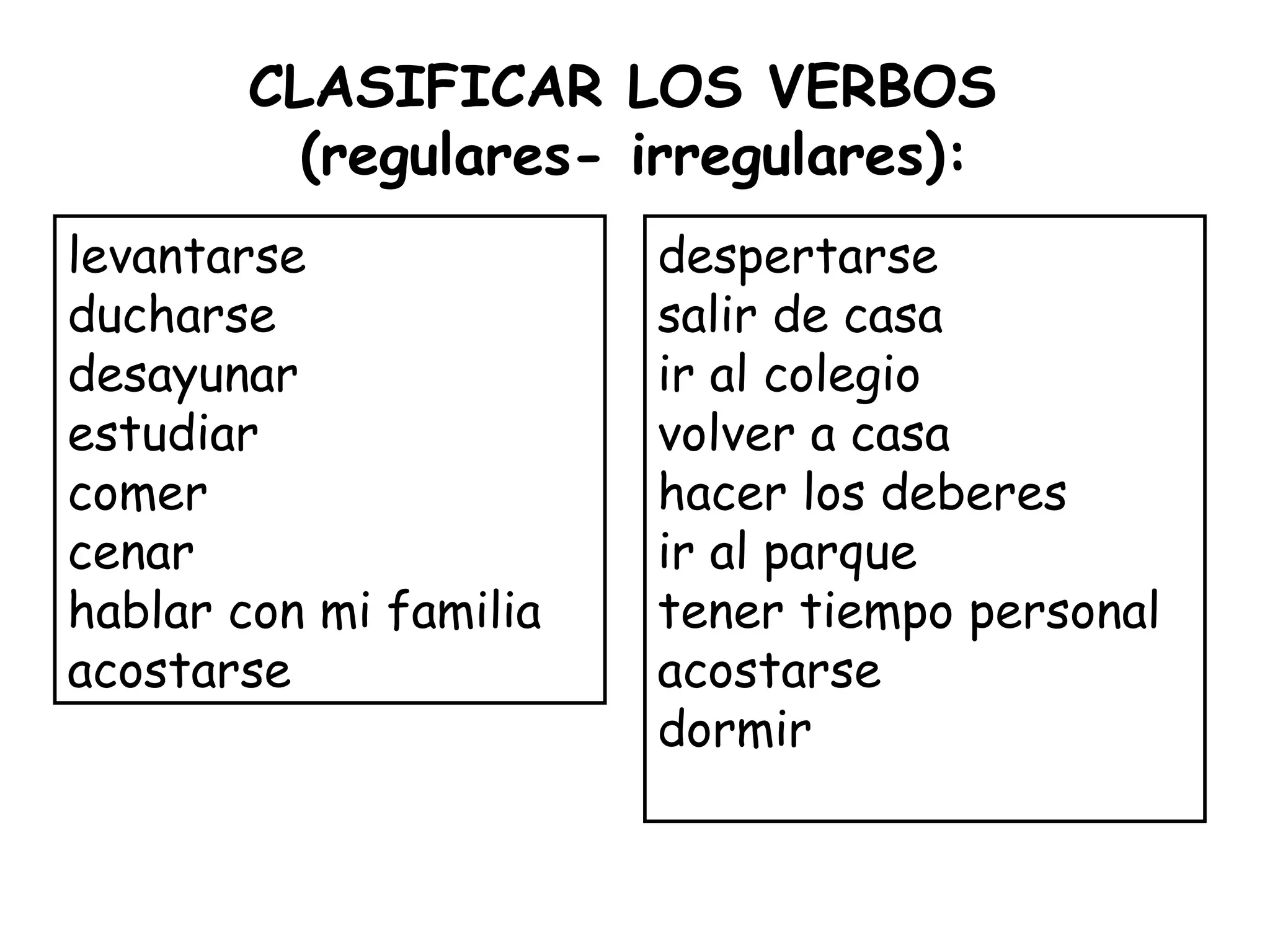 CLASIFICAR LOS VERBOS
(regulares- irregulares):
levantarse
ducharse
desayunar
estudiar
comer
cenar
hablar con mi familia
acostarse
despertarse
salir de casa
ir al colegio
volver a casa
hacer los deberes
ir al parque
tener tiempo personal
acostarse
dormir
 