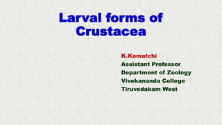 Larval forms of
Crustacea
K.Kamatchi
Assistant Professor
Department of Zoology
Vivekananda College
Tiruvedakam West
 