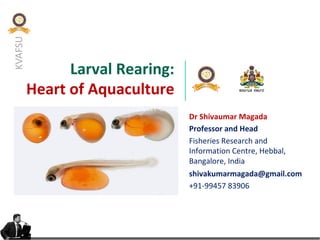 KVAFSU
Larval Rearing:
Heart of Aquaculture
Dr Shivaumar Magada
Professor and Head
Fisheries Research and
Information Centre, Hebbal,
Bangalore, India
shivakumarmagada@gmail.com
+91-99457 83906
 