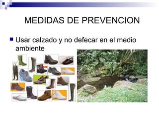 MEDIDAS DE PREVENCION

   Usar calzado y no defecar en el medio
    ambiente
 