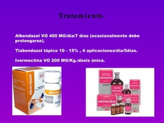 Tratamiento. Albendazol VO 400 MG/día/7 días (ocasionalmente debe prolongarse). Tiabendazol tópico 10 - 15% , 4 aplicaciones/día/5días. Ivermectina VO 200 MG/Kg./dosis única. 