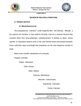 Madrid National High School
Madrid, Surigao del Sur
Larvicidal Potency of Marigold (Tagetes erecta) Stem and Leaf Extract
against Mosquito Larvae
A Science Investigatory Project 2013 – Students Category
By: Cristine JoyR. Arreza, Charlie Jhon Aspillaga, Raven Daryle Mae D. Suarez
12
CHAPTER II
REVIEW OF RELATED LITERATURE
A. Related Literature
A.1 Mosquitoes/Larvae
The mosquitoes are a family of small, midge-like flies: the Culicidae. Although a
few species are harmless or even useful to humanity, most are a nuisance because they
consume blood from living vertebrates, including humans. In feeding on blood, various
species of mosquitoes transmit some of the most harmful human and livestock diseases.
Some authorities argue accordingly that mosquitoes are the most dangerous animals on
Earth.
Below is the scientific classification of a mosquito.
Kingdom: Animalia
Phylum: Arthropoda
Class: Insecta
Order: Diptera
Suborder: Nematocera
Infraorder: Culicomorpha
Superfamily: Culicoidea
Family: Culicidae
 