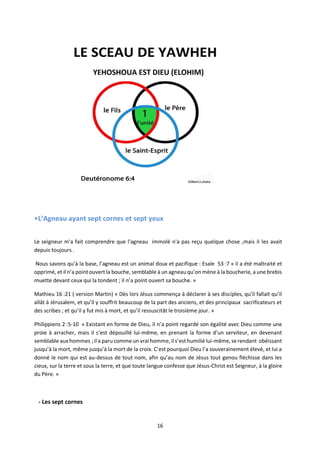 16
•L’Agneau ayant sept cornes et sept yeux
Le seigneur m'a fait comprendre que l'agneau immolé n'a pas reçu quelque chose ,mais il les avait
depuis toujours .
Nous savons qu’à la base, l’agneau est un animal doux et pacifique : Esaïe 53 :7 « il a été maltraité et
opprimé, et il n’a point ouvert la bouche, semblable à un agneau qu’on mène à la boucherie, a une brebis
muette devant ceux qui la tondent ; il n’a point ouvert sa bouche. »
Mathieu 16 :21 ( version Martin) « Dès lors Jésus commença à déclarer à ses disciples, qu’il fallait qu’il
allât à Jérusalem, et qu’il y souffrit beaucoup de la part des anciens, et des principaux sacrificateurs et
des scribes ; et qu’il y fut mis à mort, et qu’il ressuscitât le troisième jour. »
Philippiens 2 :5-10 « Existant en forme de Dieu, il n’a point regardé son égalité avec Dieu comme une
proie à arracher, mais il s‘est dépouillé lui-même, en prenant la forme d’un serviteur, en devenant
semblable aux hommes ;il a paru comme un vrai homme, il s’esthumilié lui-même, se rendant obéissant
jusqu’à la mort, même jusqu’à la mort de la croix. C’est pourquoi Dieu l’a souverainement élevé, et lui a
donné le nom qui est au-dessus de tout nom, afin qu’au nom de Jésus tout genou fléchisse dans les
cieux, sur la terre et sous la terre, et que toute langue confesse que Jésus-Christ est Seigneur, à la gloire
du Père. »
- Les sept cornes
 