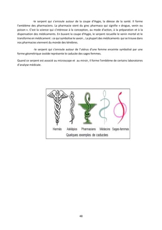 48
-le serpent qui s’enroule autour de la coupe d’Hygie, la déesse de la santé. Il forme
l’emblème des pharmaciens. La pharmacie vient du grec pharmaco qui signifie « drogue, venin ou
poison ». C’est la science qui s’intéresse à la conception, au mode d’action, à la préparation et à la
dispensation des médicaments. En buvant la coupe d’Hygie, le serpent recueille le venin mortel et le
transforme en médicament : ce qui symbolise le savoir… La plupart des médicaments qui se trouve dans
nos pharmacies viennent du monde des ténèbres.
-le serpent qui s’enroule autour de l’utérus d’une femme enceinte symbolisé par une
forme géométrique ovoïde représente le caducée des sages femmes.
Quand ce serpent est associé au microscope et au miroir, il forme l’emblème de certains laboratoires
d’analyse médicale.
 