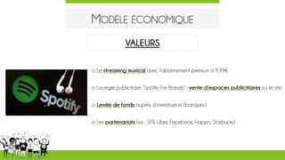 MODÈLE ÉCONOMIQUE
o Le streaming musical avec l’abonnement premium à 9,99€
o La régie publicitaire “Spotify For Brands” : vente d’espaces publicitaires sur le site
o Levée de fonds auprès d’investisseurs (banques)
o Les partenariats (ex : SFR, Uber, Facebook, Happn, Starbucks)
VALEURS
 