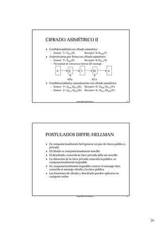 26
Seguridad Informática. 51
CIFRADO ASIMÉTRICO II
♦ Confidencialidad con cifrado asimétrico
– Emisor: Y= EKUb(X) Receptor: X=DKRb(Y)
♦ Autenticación por firma con cifrado asimétrico
– Emisor: Y= EKRa(X) Receptor: X=DKUa(Y)
– Necesidad de estructura interna del mensaje
♦ Confidencialidad y autenticación con cifrado asimétrico
– Emisor: Y= EKRa (EKUb(X)) Receptor: X= DKRb (DKUa(Y))
– Emisor: Y= EKUb (EKRa(X)) Receptor: X= DKUa (DKRb(Y))
YE D
KRa KUa
X X
Seguridad Informática. 52
POSTULADOS DIFFIE-HELLMAN
♦ Es computacionalmente fácil generar un par de claves pública y
privada
♦ El cifrado es computacionalmente sencillo
♦ El descifrado, conocida la clave privada debe ser sencillo
♦ La obtención de la clave privada conocida la pública, es
computacionalmente imposible
♦ Es computacionalmente imposible conocer el mensaje claro
conocido el mensaje cifrado y la clave pública
♦ Las funciones de cifrado y descifrado pueden aplicarse en
cualquier orden
 