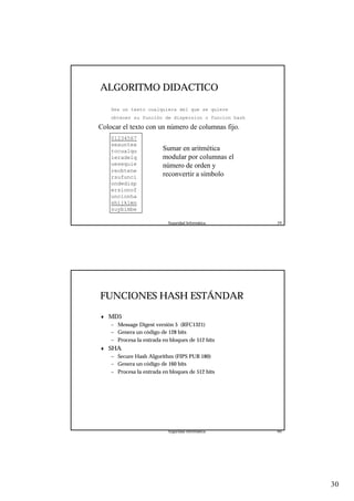 30
Seguridad Informática. 59
ALGORITMO DIDACTICO
Sea un texto cualquiera del que se quiere
obtener su función de dispersion o funcion hash
Colocar el texto con un número de columnas fijo.
01234567
seauntex
tocualqu
ieradelq
uesequie
reobtene
rsufunci
ondedisp
ersionof
uncionha
shijklmn
zuybimbe
Sumar en aritmética
modular por columnas el
número de orden y
reconvertir a símbolo
Seguridad Informática. 60
FUNCIONES HASH ESTÁNDAR
♦ MD5
– Message Digest versión 5 (RFC1321)
– Genera un código de 128 bits
– Procesa la entrada en bloques de 512 bits
♦ SHA
– Secure Hash Algorithm (FIPS PUB 180)
– Genera un código de 160 bits
– Procesa la entrada en bloques de 512 bits
 