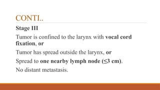 CONTI..
Stage III
Tumor is confined to the larynx with vocal cord
fixation, or
Tumor has spread outside the larynx, or
Spread to one nearby lymph node (≤3 cm).
No distant metastasis.
 