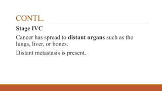 CONTI..
Stage IVC
Cancer has spread to distant organs such as the
lungs, liver, or bones.
Distant metastasis is present.
 
