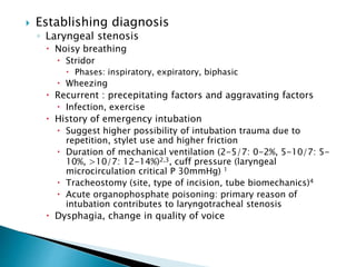  Establishing diagnosis
◦ Laryngeal stenosis
 Noisy breathing
 Stridor
 Phases: inspiratory, expiratory, biphasic
 Wheezing
 Recurrent : precepitating factors and aggravating factors
 Infection, exercise
 History of emergency intubation
 Suggest higher possibility of intubation trauma due to
repetition, stylet use and higher friction
 Duration of mechanical ventilation (2-5/7: 0-2%, 5-10/7: 5-
10%, >10/7: 12-14%)2,3, cuff pressure (laryngeal
microcirculation critical P 30mmHg) 1
 Tracheostomy (site, type of incision, tube biomechanics)4
 Acute organophosphate poisoning: primary reason of
intubation contributes to laryngotracheal stenosis
 Dysphagia, change in quality of voice
 
