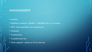 MANAGEMENT
• Isolation
• Diphtheria antitoxin -20,000 – 1,00,000 Units in I.v infusion
• DOC- Benzylpenicillin and erythromycin
• Intubation
• Tracheostomy
• Complete bed rest
• Three negative cultires at 24 he intervals
 