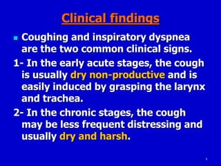 4
Clinical findings
 Coughing and inspiratory dyspnea
are the two common clinical signs.
1- In the early acute stages, the cough
is usually dry non-productive and is
easily induced by grasping the larynx
and trachea.
2- In the chronic stages, the cough
may be less frequent distressing and
usually dry and harsh.
 