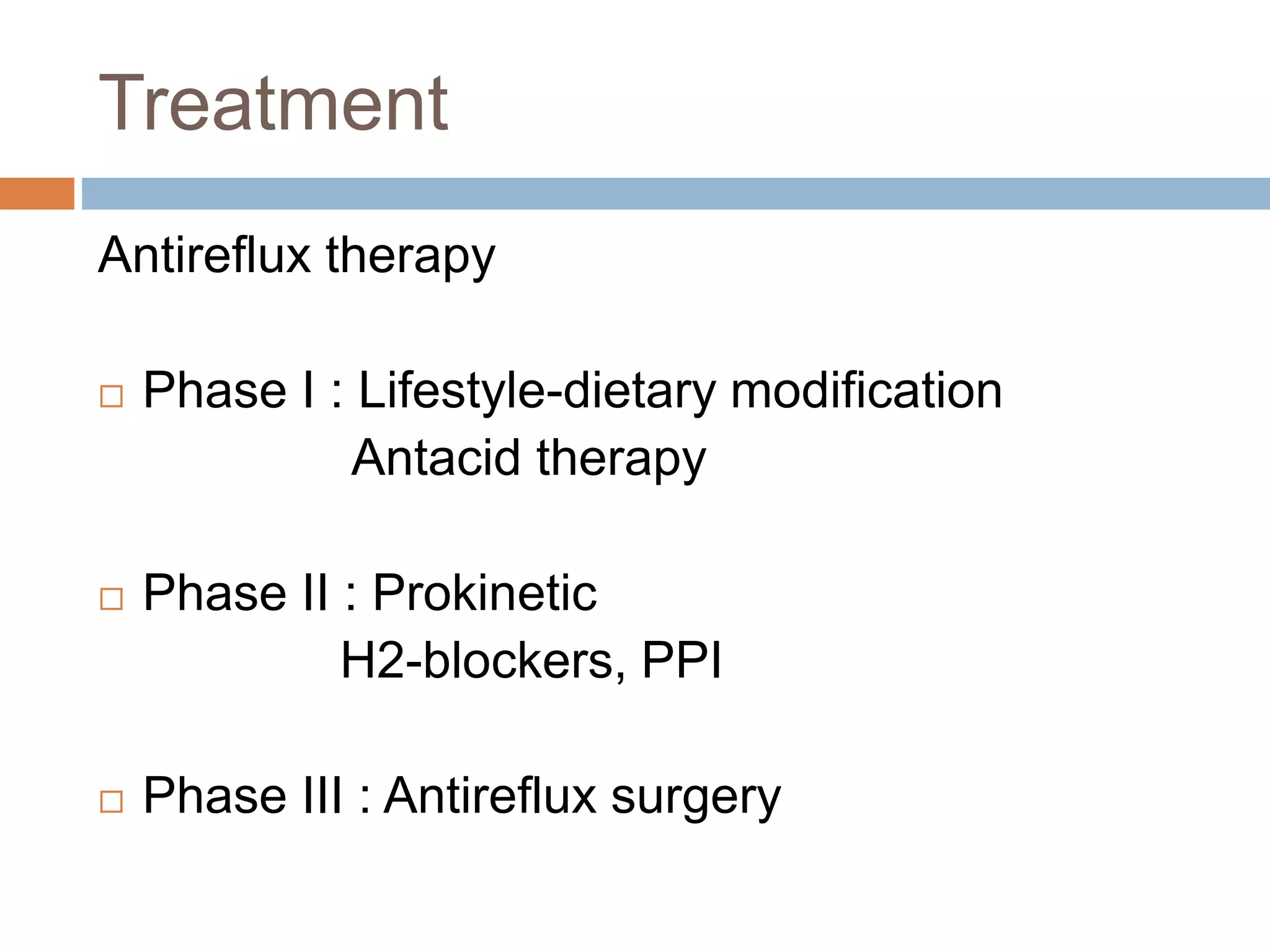 Treatment
Antireflux therapy
 Phase I : Lifestyle-dietary modification
Antacid therapy
 Phase II : Prokinetic
H2-blockers, PPI
 Phase III : Antireflux surgery
19
 