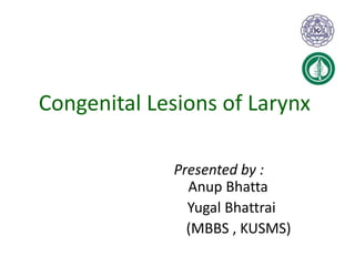 Congenital Lesions of Larynx 
Presented by : 
. Anup Bhatta 
Yugal Bhattrai 
(MBBS , KUSMS) 
 
