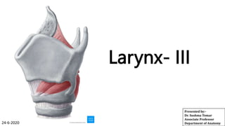 Larynx- III
Presented by:-
Dr. Sushma Tomar
Associate Professor
Department of Anatomy
24-6-2020
 